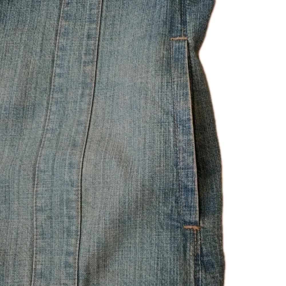Express Military Jean Jacket Woman Large Blue Denim Button Elbow Patches Utility - Picture 10 of 12